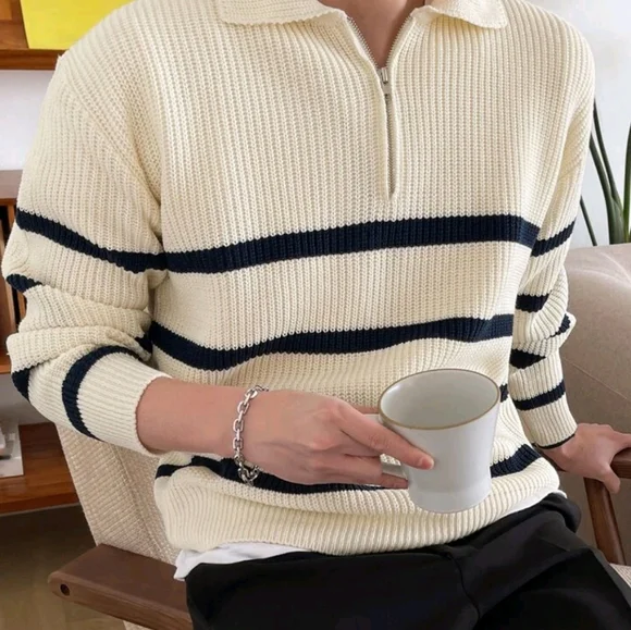 Men Striped Pattern Polo Neck Fall Sweater Without Tee - Picture 4 of 7